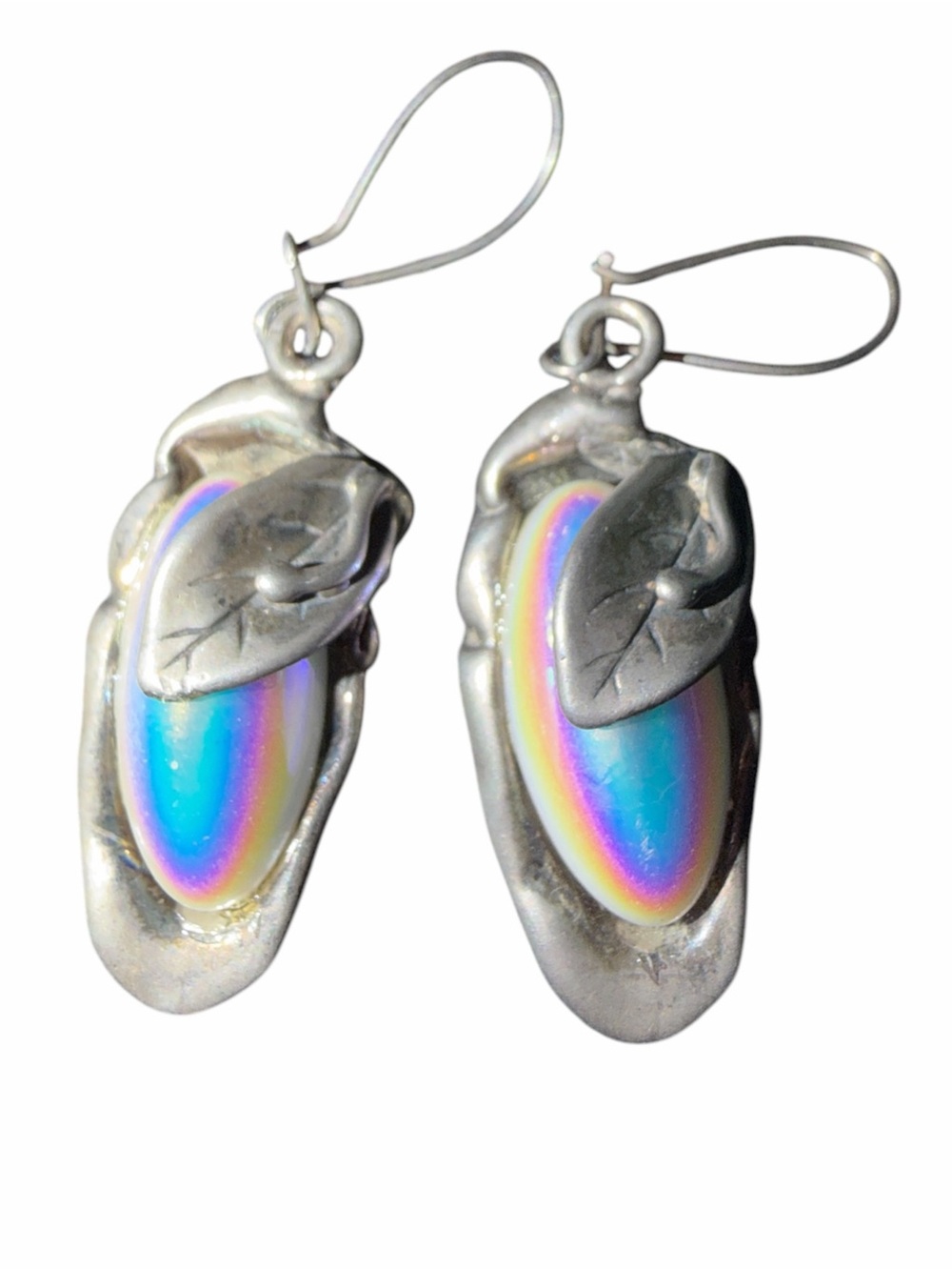 Sterling Silver Leaf Rainbow Opal Drop Earrings - Iridescent Blue